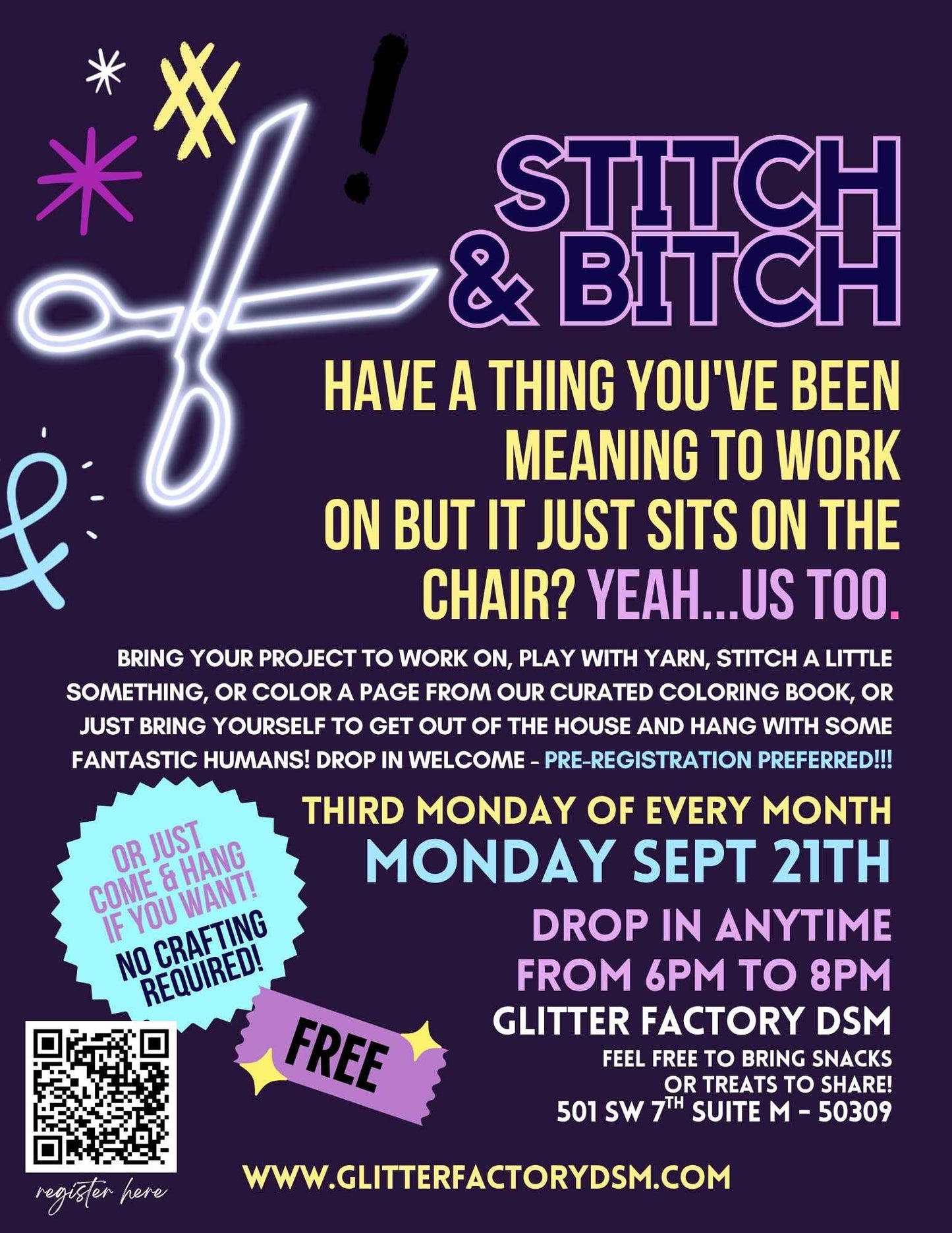 Monthly Stitch + Bitch Craft Club - FREE - Sept 21